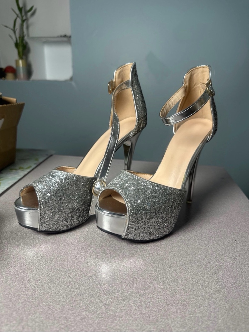 SHEIN Silver Glitter Platform Peep-Toe Ankle Strap Heels